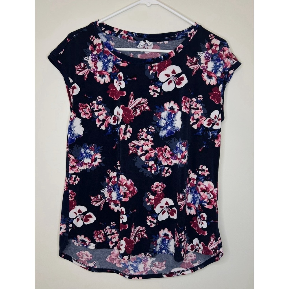 ELLE Navy Floral Short Sleeve Blouse Top Pullover Casual Stretch Women's M